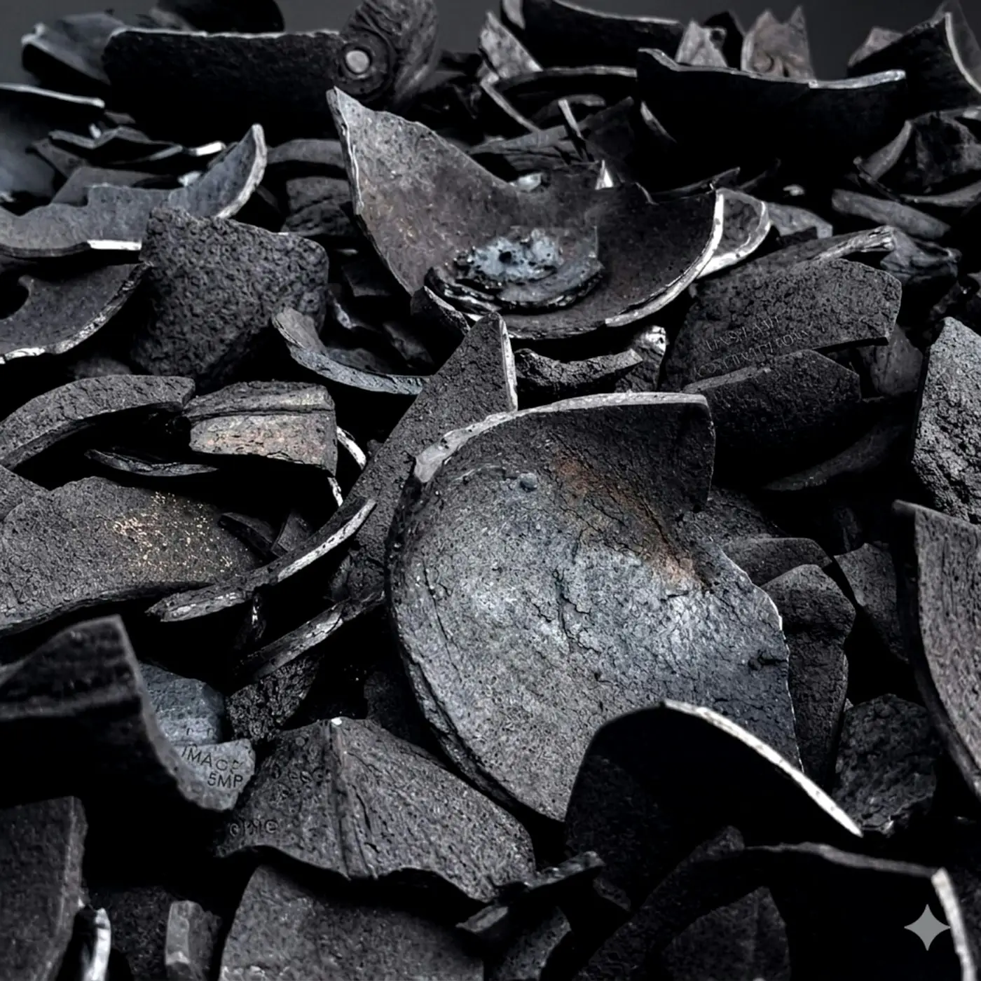 Pile of coconut shell charcoal pieces